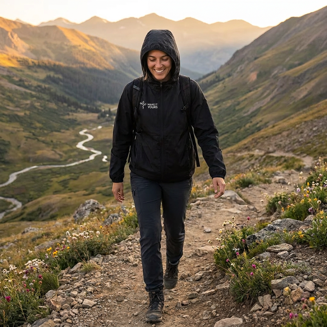 woman smiling and hiking mountains wearing windbreaker hoodie