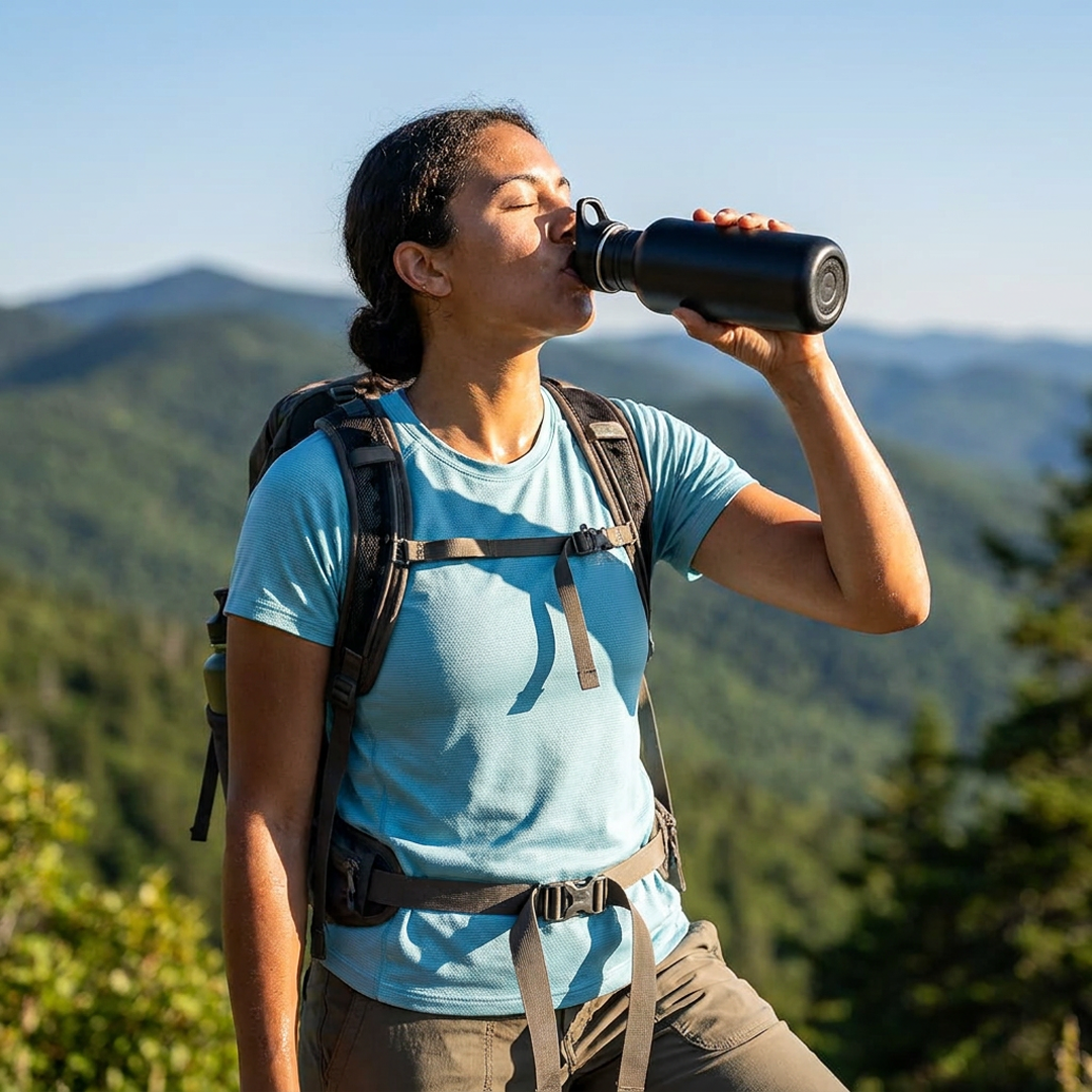 woman drinking from water bottle while hiking in a forest