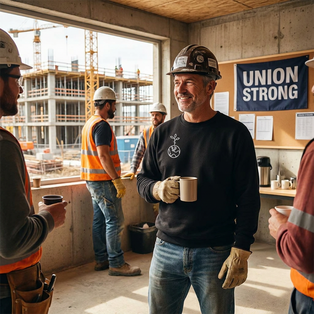 man on construction site drinking coffee and talking to co workers