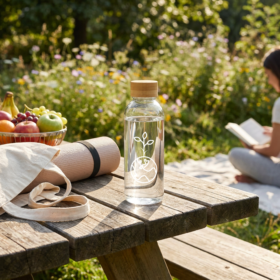 water bottle on picnic table in the sun
