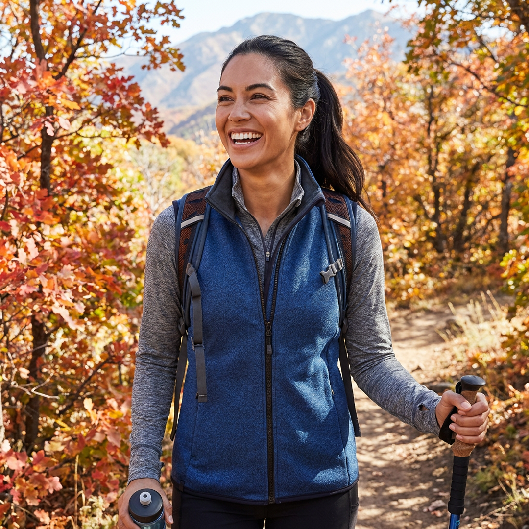 smiling woman hiking through the fall trees