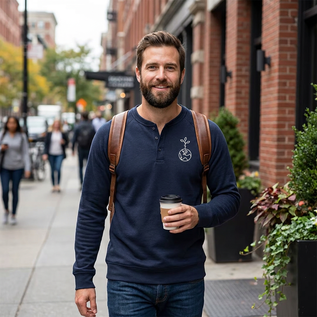 bearded man walking down street smiling wearing branded shirt