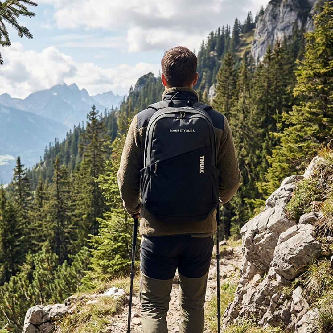man looking out over a mountain landscape wearing branded backpack