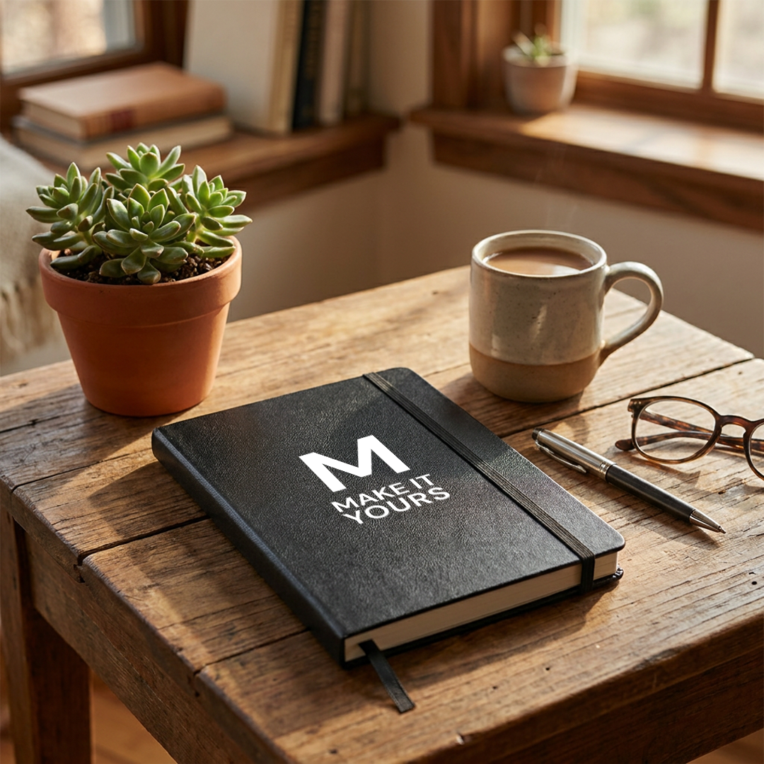 notebook resting on table beside cup of coffee and potted plant