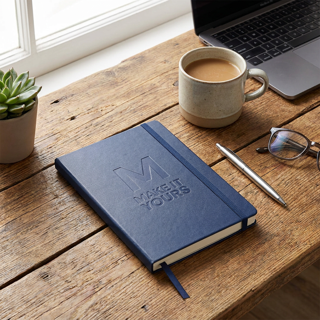 notebook with deboss decoration resting on wooden desk beside laptop