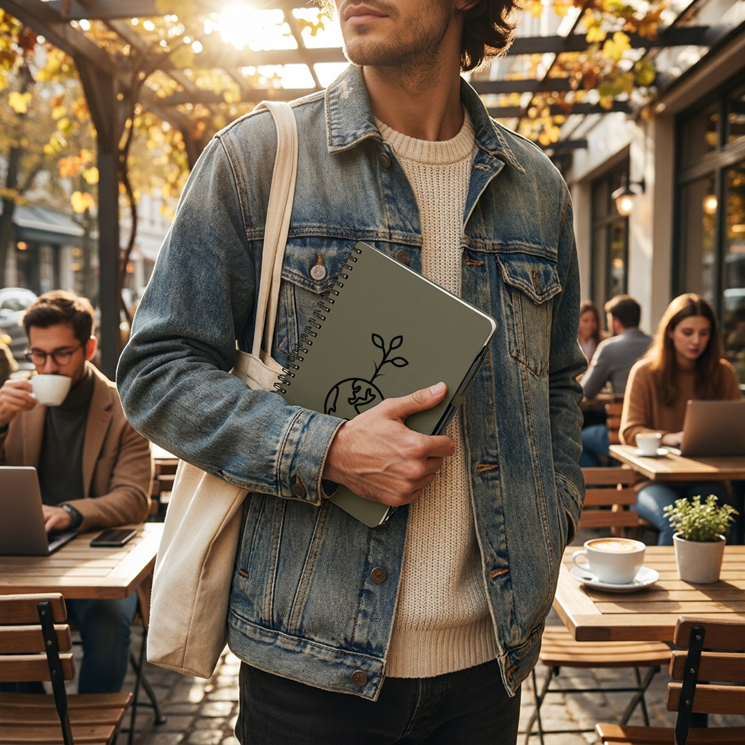 man holding notebook while walking through outdoor patio