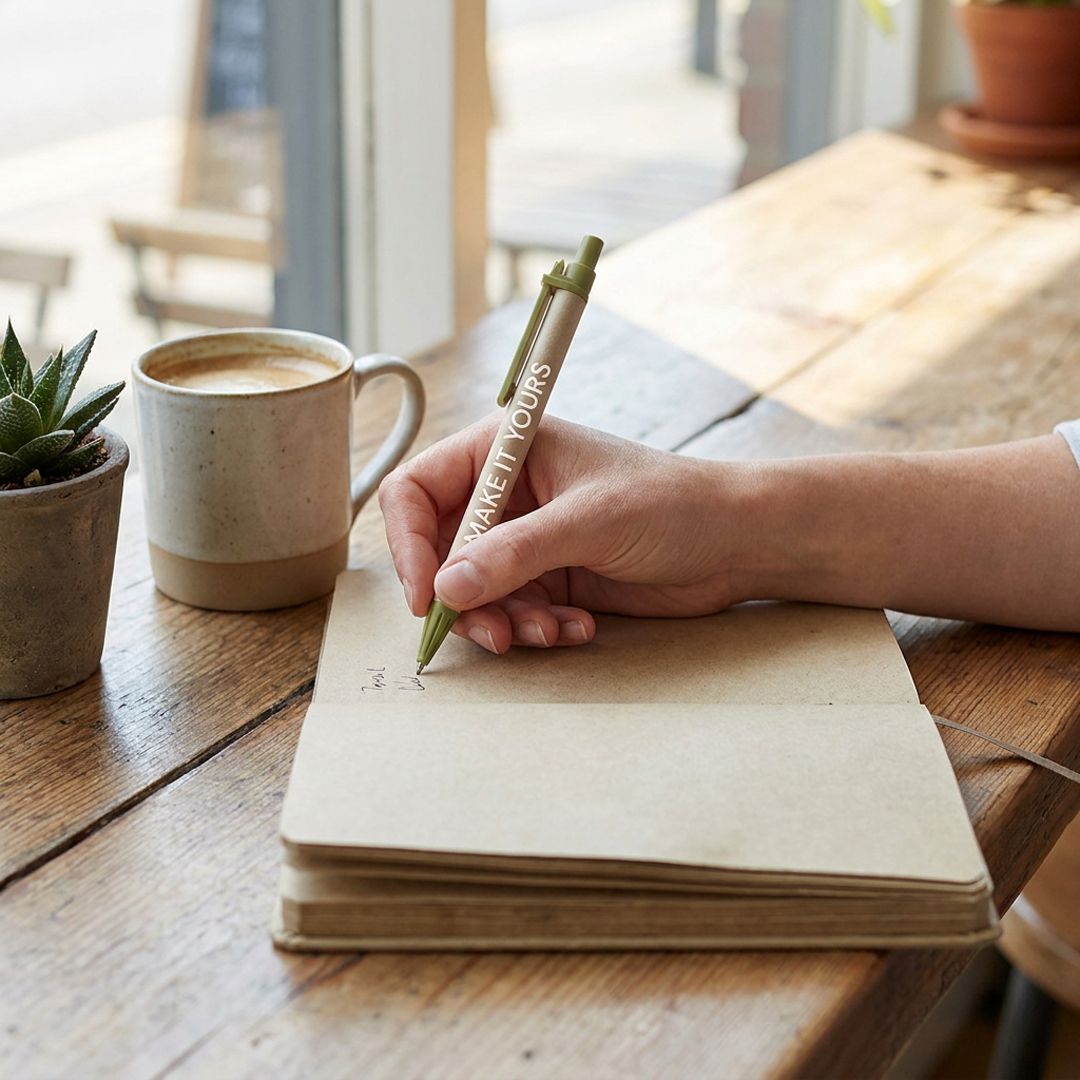 hand writing in notebook with pen in coffee shop setting