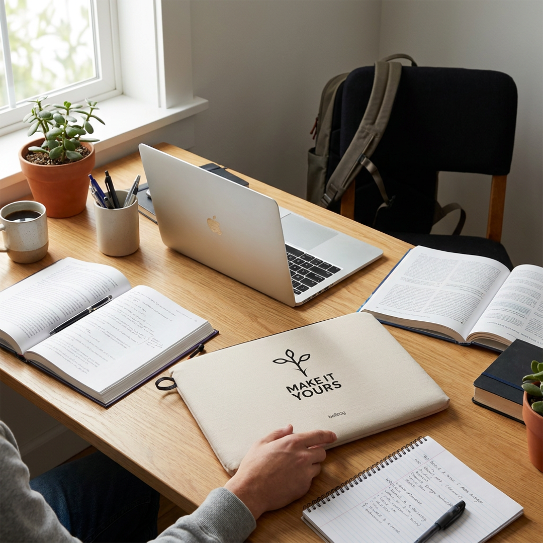 laptop sleeve sitting on desk beside laptop, mugs, and potted plant