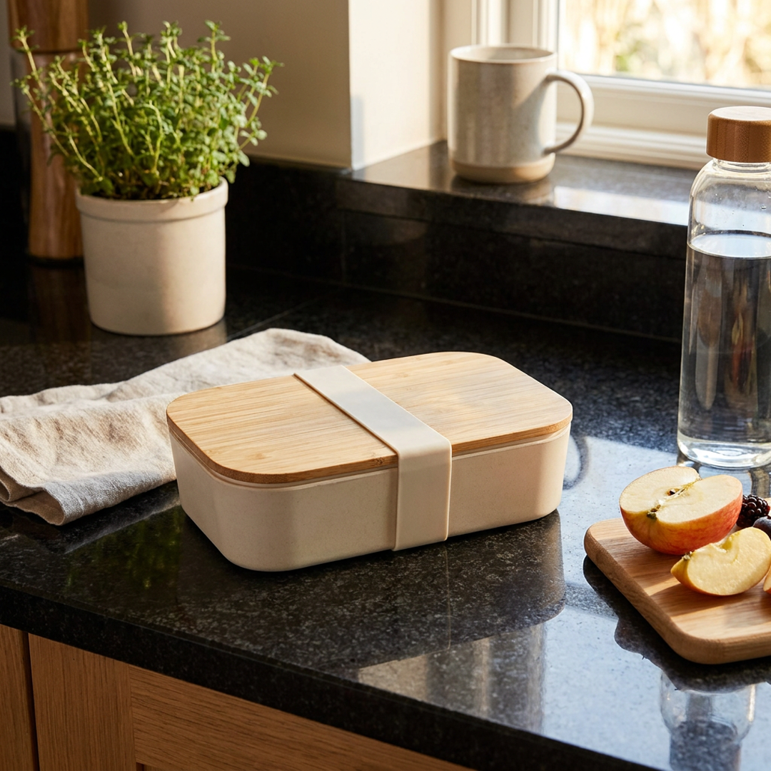 white bamboo lunch box resting on black granite kitchen counter beside plant, water bottle and cut up apples