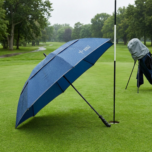 golf umbrella resting open on golf green beside golf club bag