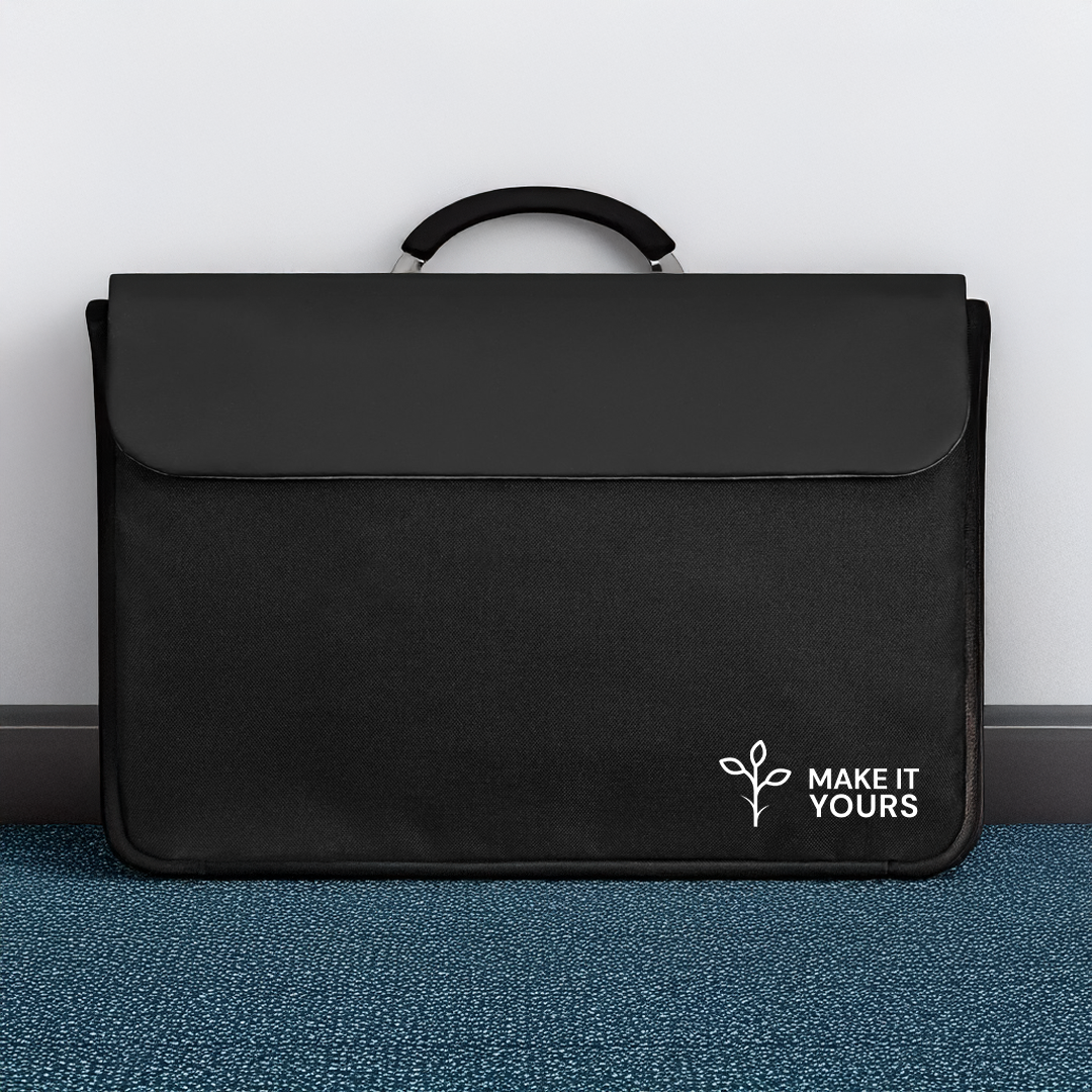 organizer sleeve resting on dark blue carpet resting against plain white wall