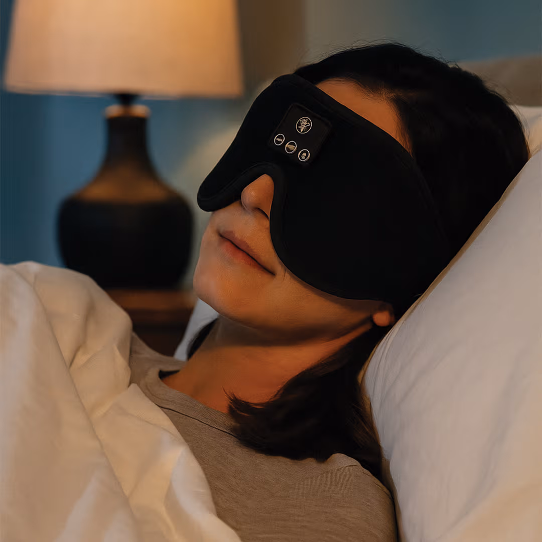 woman sleeping in bed with sleep mask over eyes