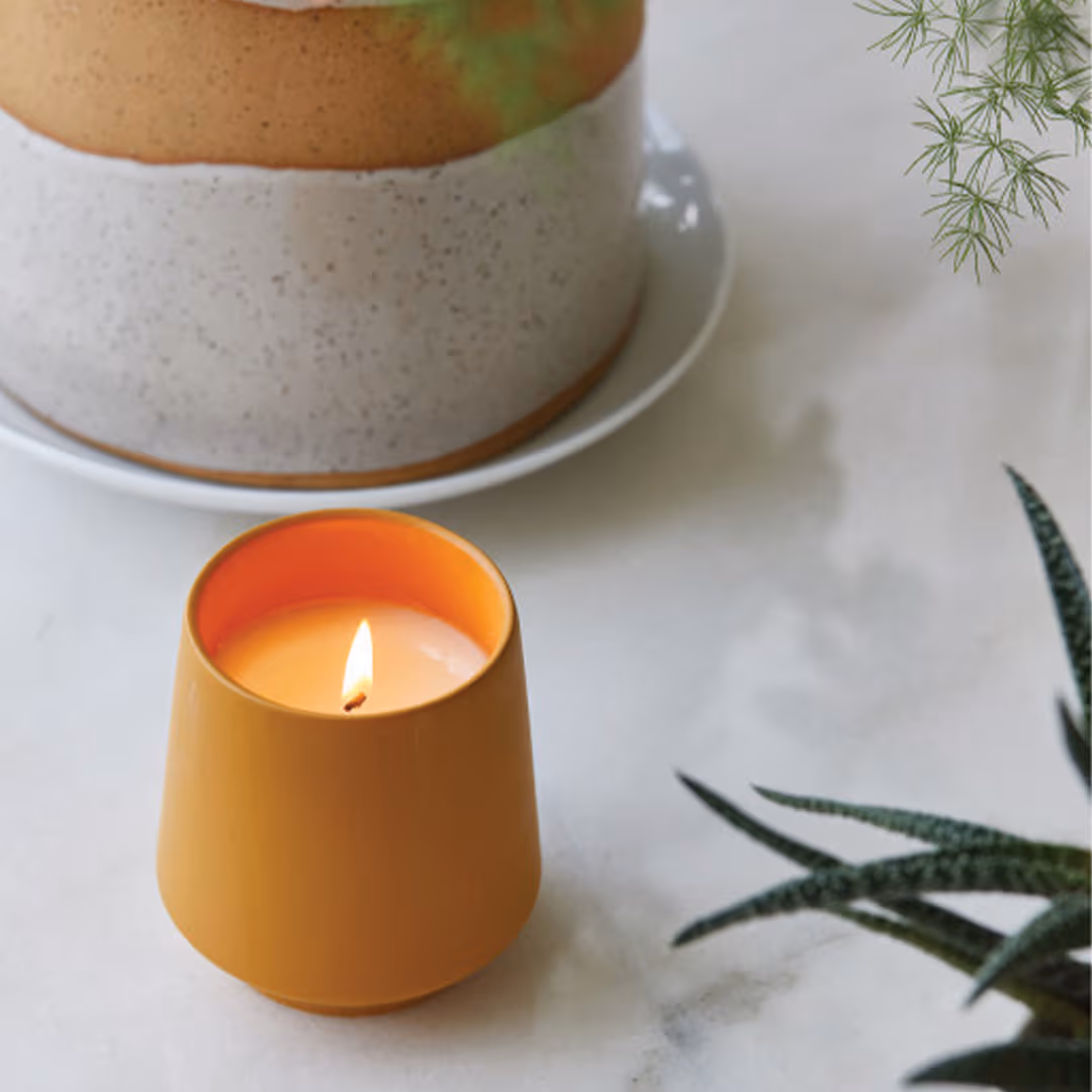 candle resting on white marble surface beside potted plant