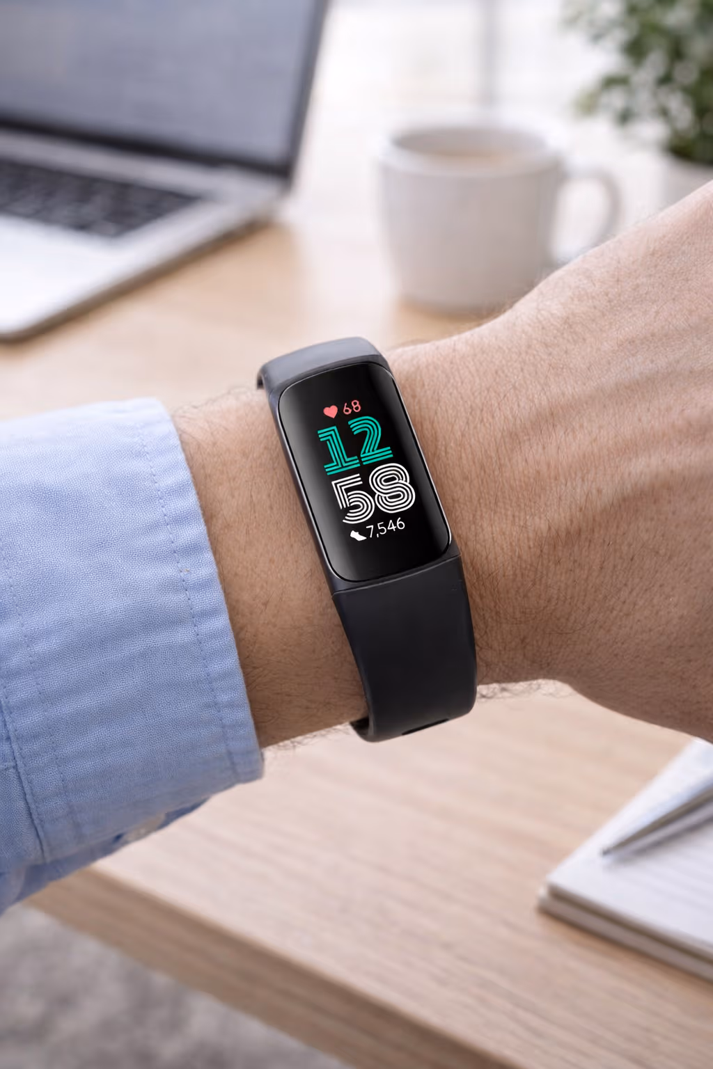 fitbit watch on man's wrist in office setting