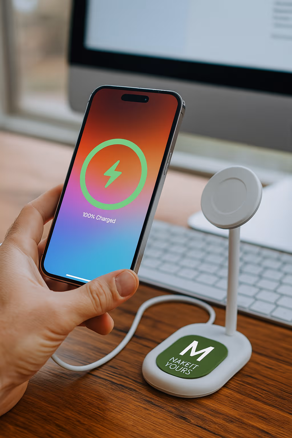 wireless phone charging stand on computer desk beside desktop 