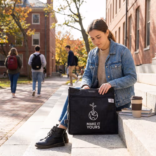 woman reaching into her tote bag while sitting on the steps of college campus building