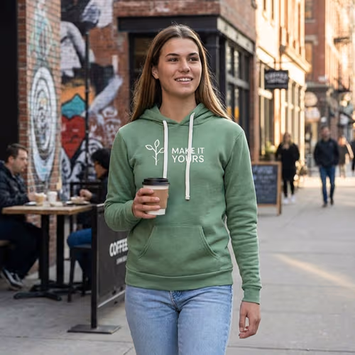 woman strolling down busy urban street wearing branded hoodie and smiling with coffee in hand