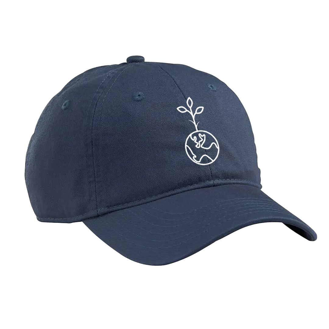 navy blue ball cap with branded logo on front 