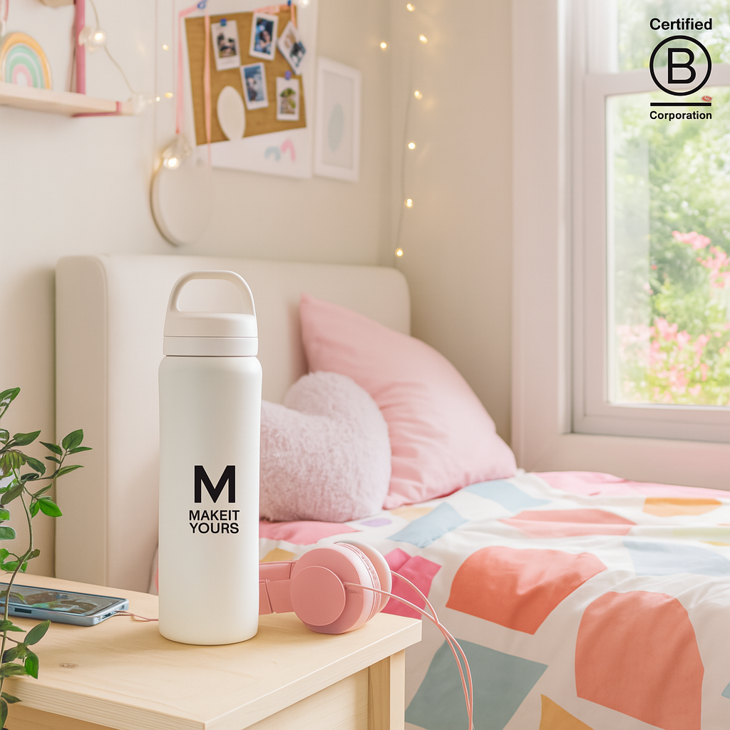 white water bottle resting on beside table in girls colourful pink bedroom