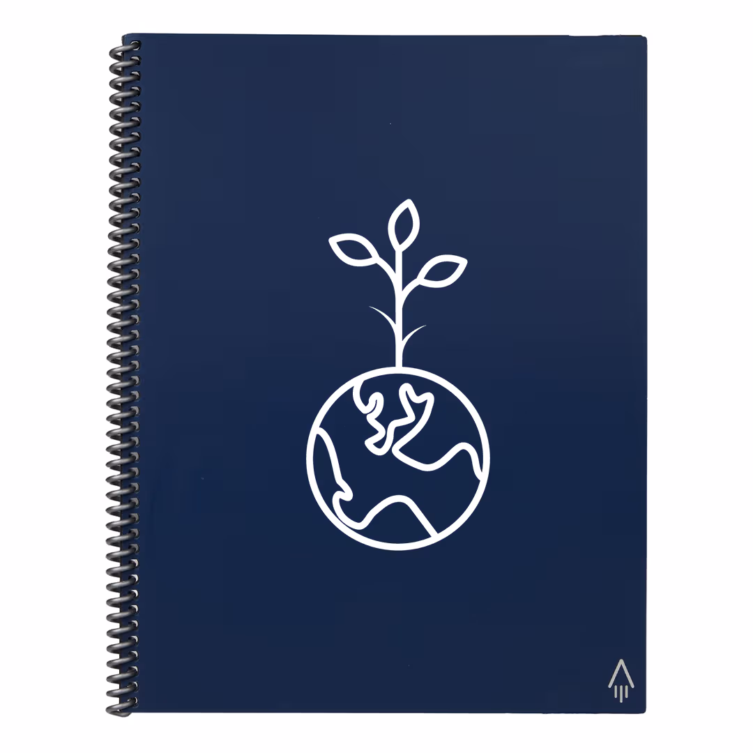 navy blue notebook with custom branded logo centered on front