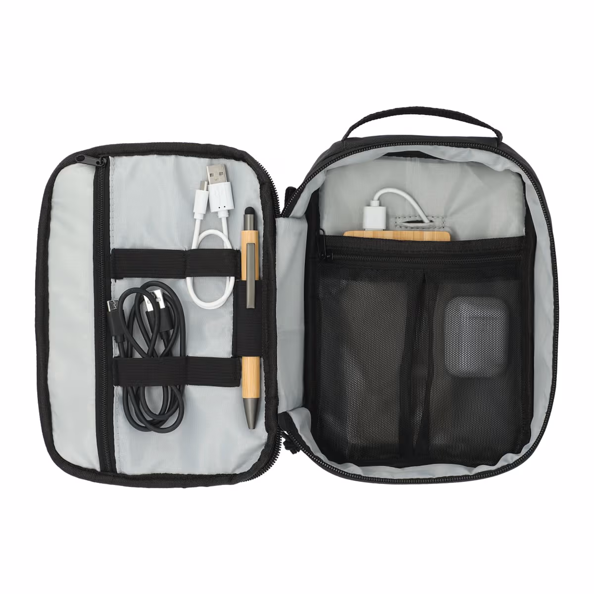 tech organizer laying flat out and unzipped revealing inner pockets filled with cables, airpods, power bank, and pen
