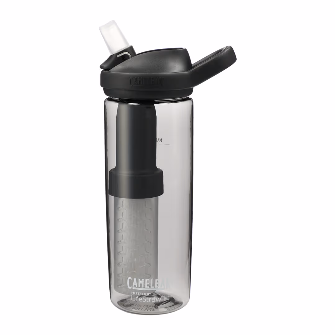 black water bottle with Camelbak logo near bottom of cup