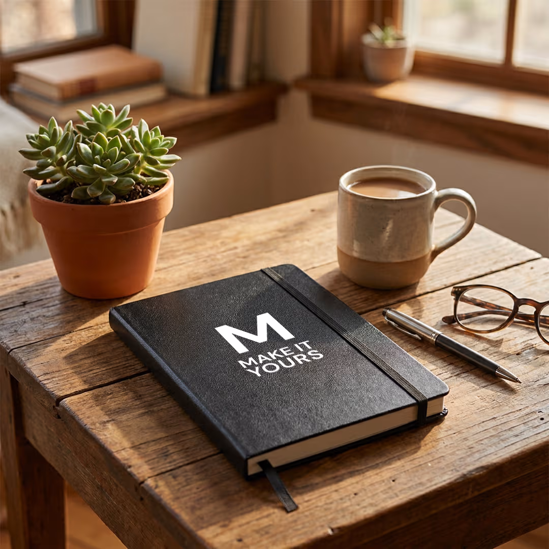 branded black notebook resting on wooden table beside potted plant, mug of coffee and reading glasses