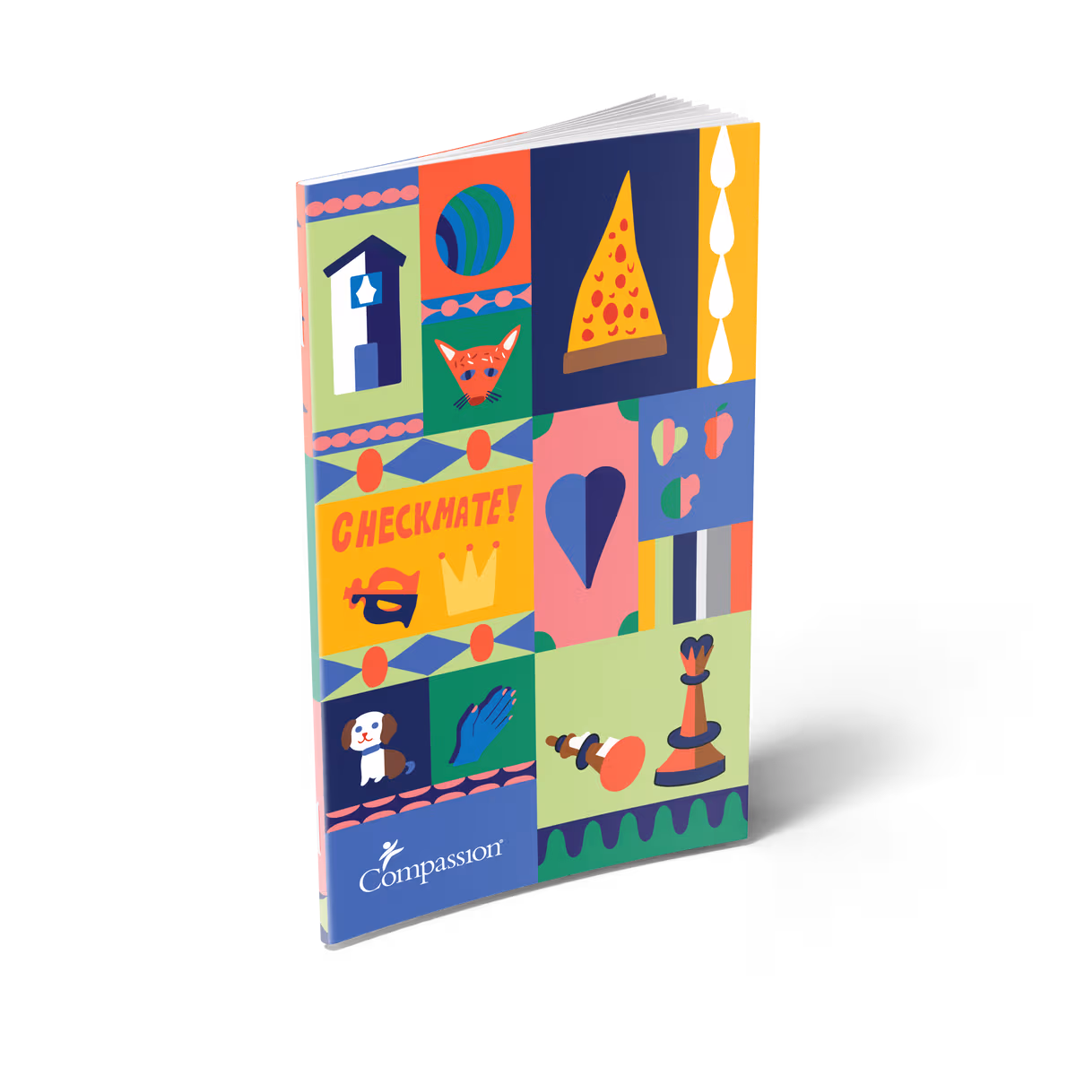 fully customizable notebook standing upright with colourful hand drawn illustrations decorating the cover