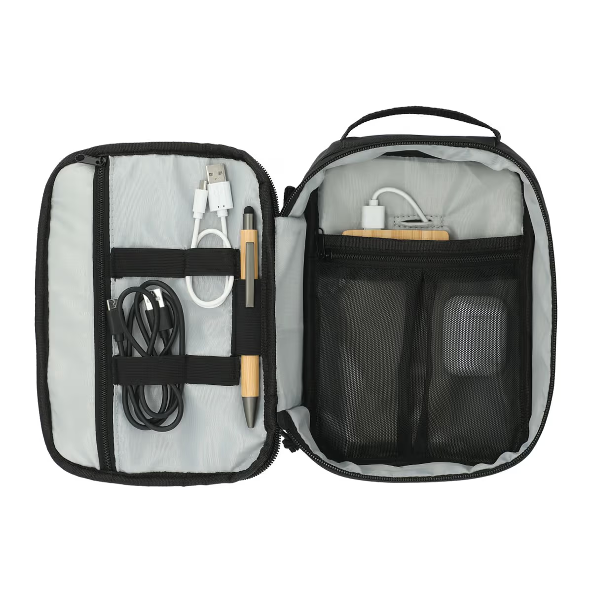 tech organizer laying flat out and unzipped revealing inner pockets filled with cables, airpods, power bank, and pen