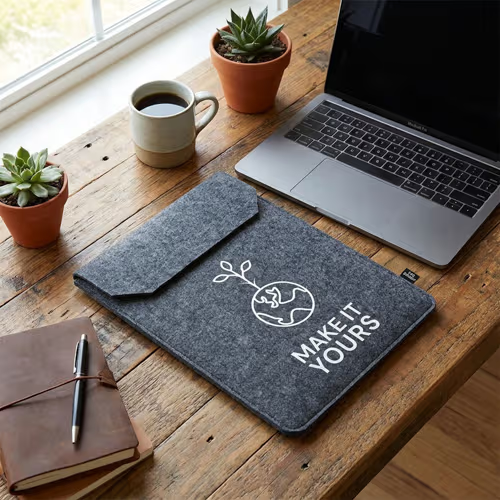 felt laptop sleeve resting on wooden desk beside laptop, mug and potted plant