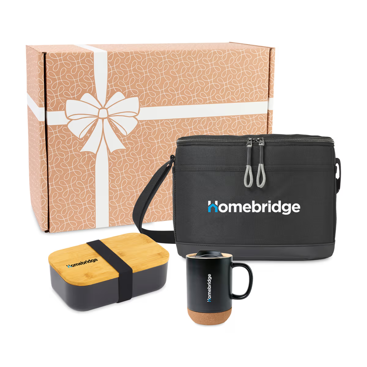 supplier curated gift pack with branded lunch cooler, bento box and ceramic mug