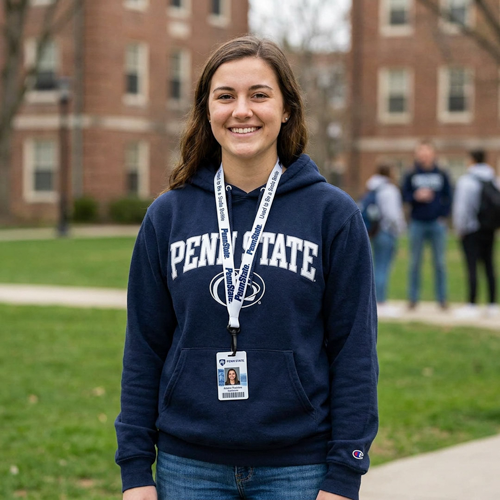 woman smiling on college campus grounds wearing a Penn State sweater and branded lanyard