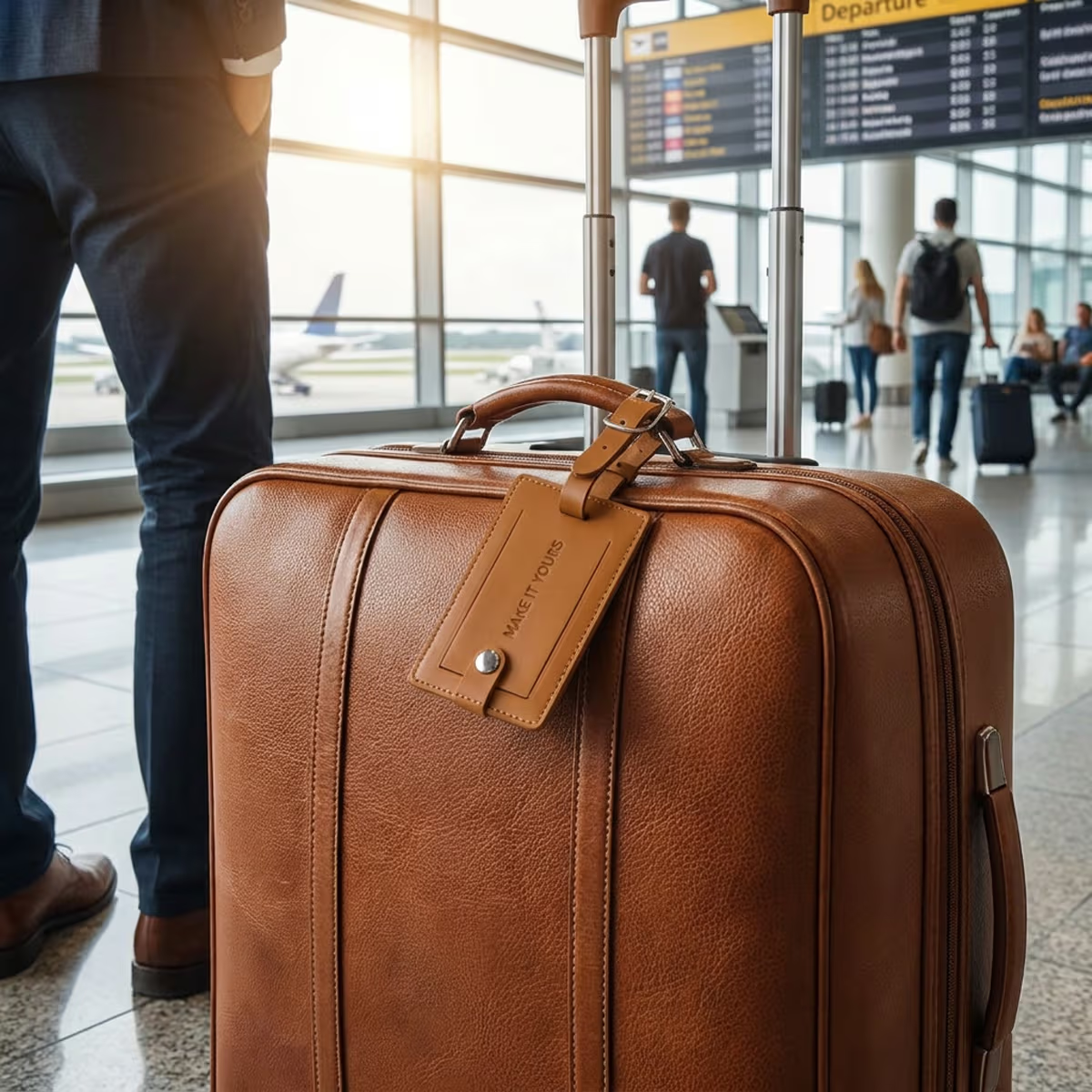 man standing beside brown leather suitcase with luggage tag attached to the handle in an airport setting