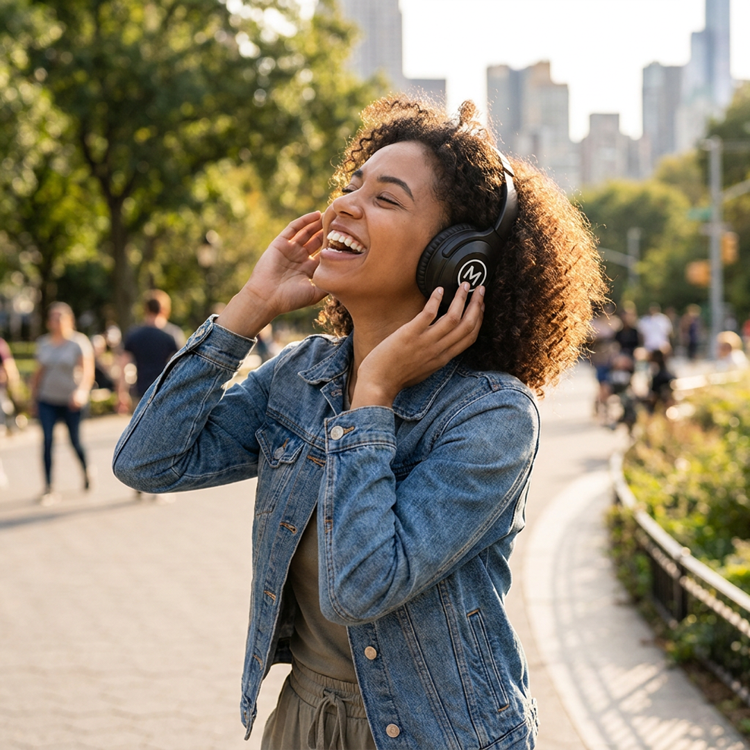 woman wearing earmuff headphones jamming out to music in a park and smiling