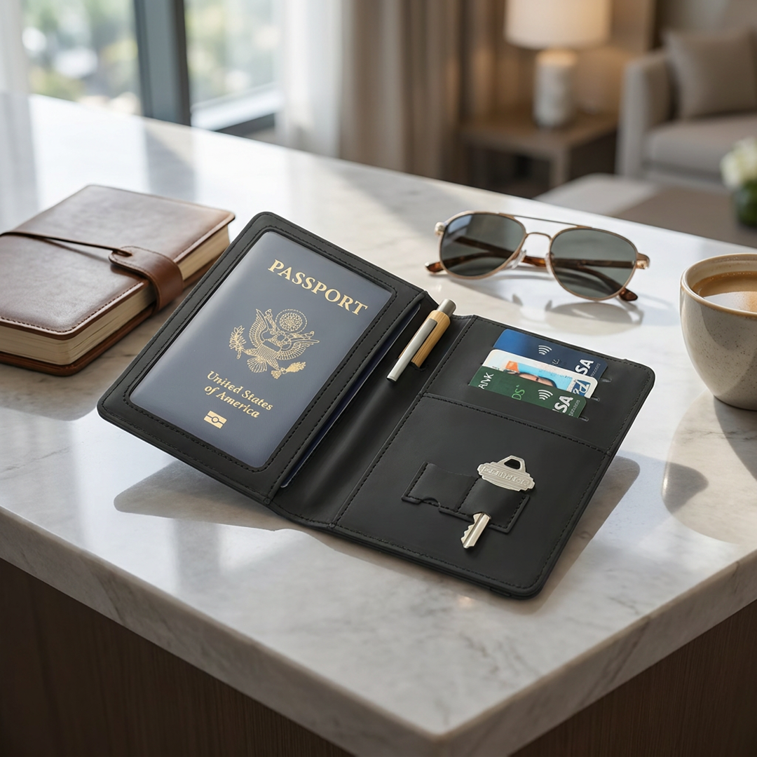 branded passport holder laying atop counter splayed open to reveal passport credit cards house key and ID
