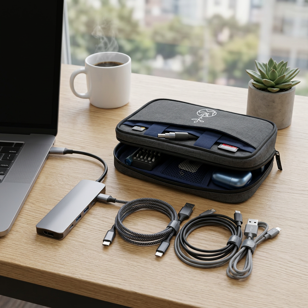 tech organizer resting on wooden desk unzipped with neatly wrapped charging cords lain out beside it