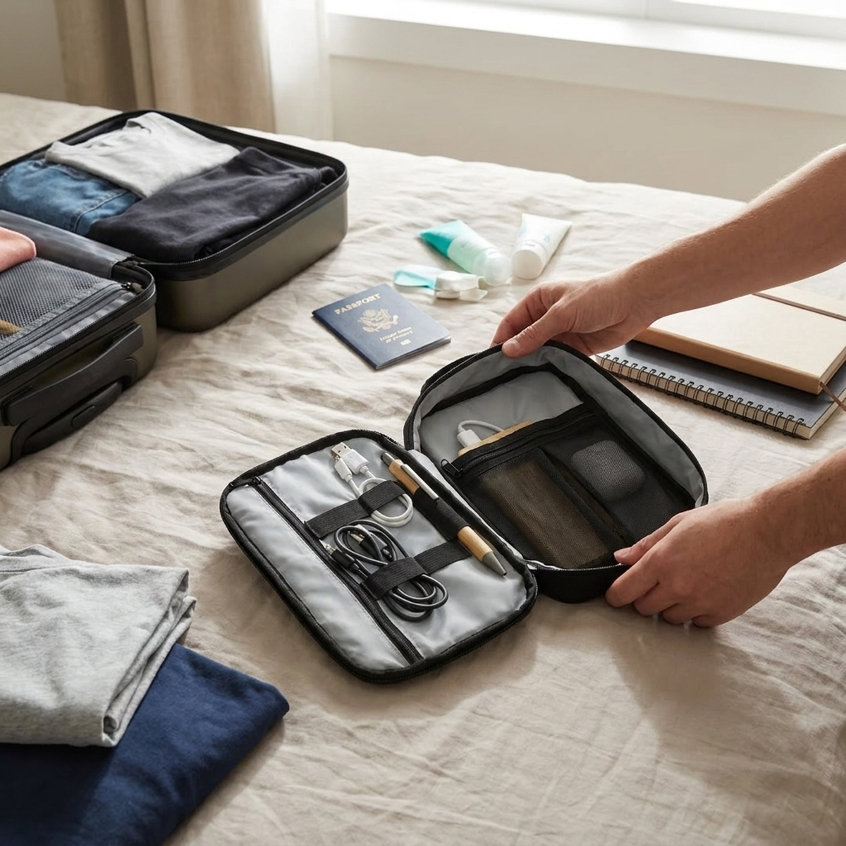 someone packing tech organizer as it lay on their bed beside packed suitcase, toiletries, and passport