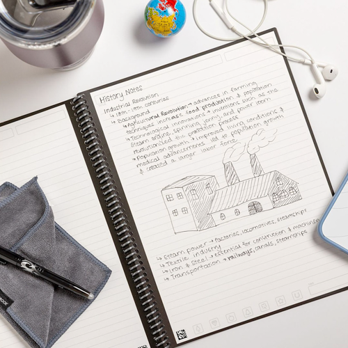 notebook laying open on desk surrounded by office items
