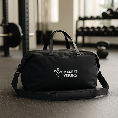 black branded duffel bag in gym setting