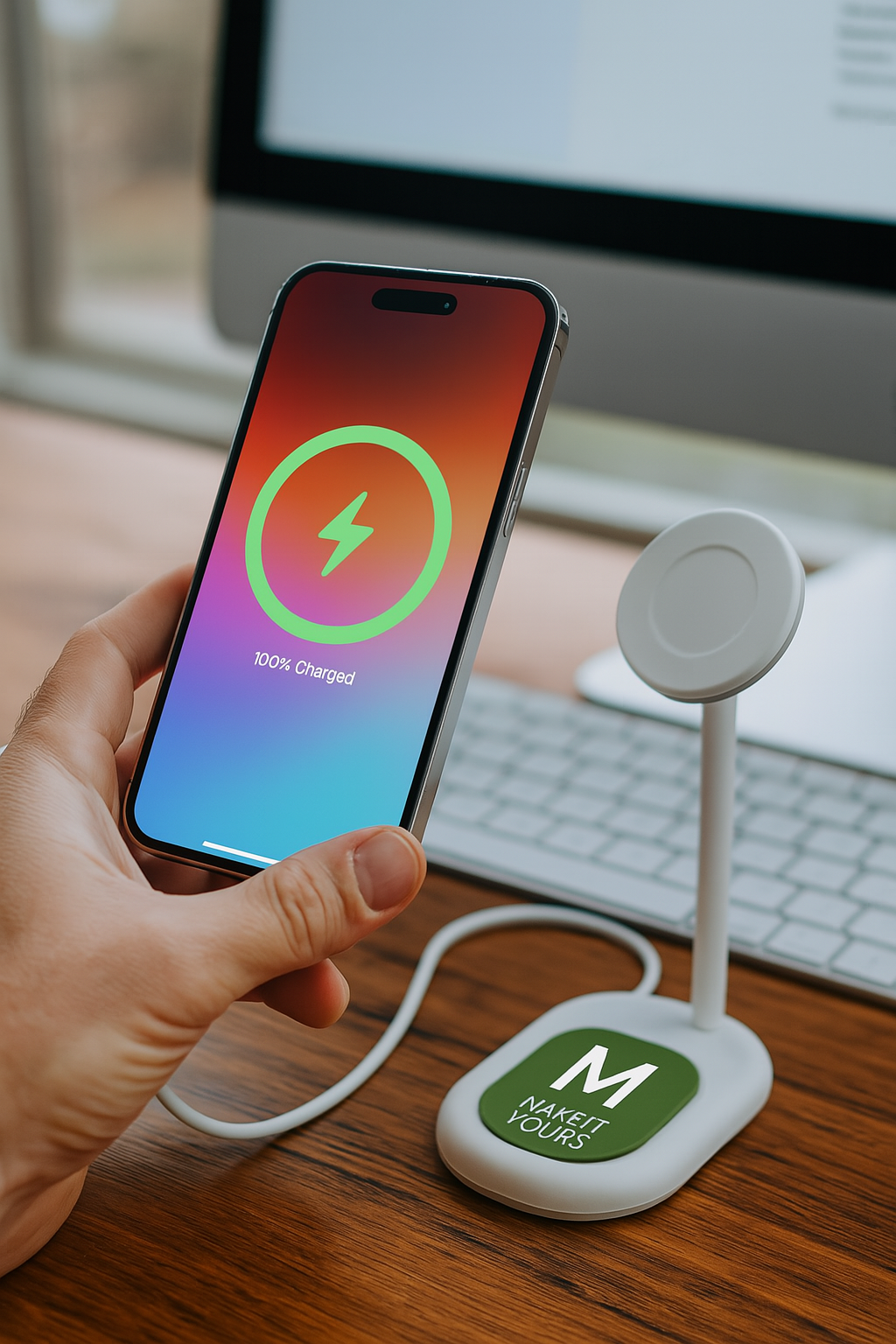 branded wireless phone stand charging a smartphone