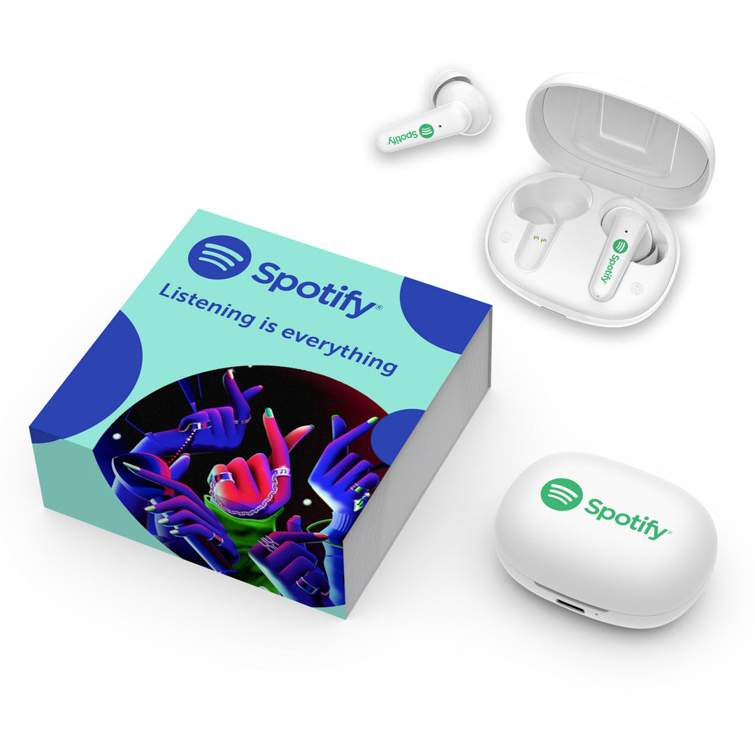 branded wireless earbuds with branded case, resting beside custom print box