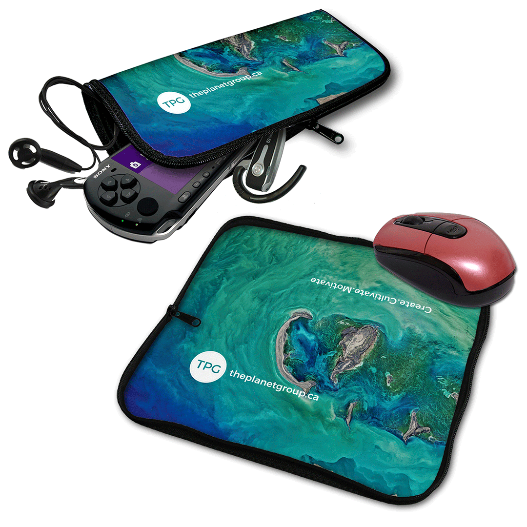 custom mousepad travel pouch with computer mouse resting atop it