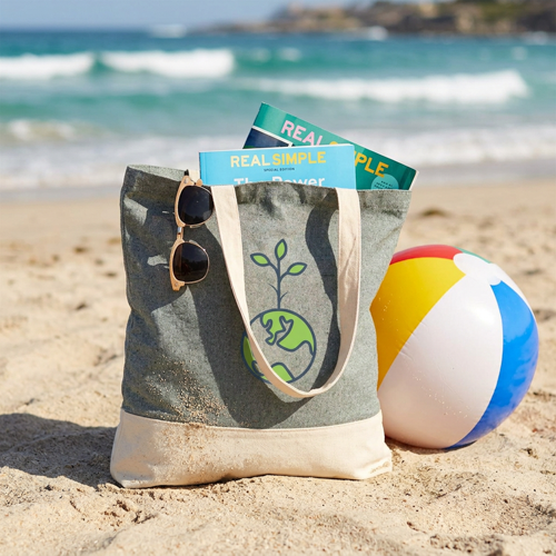 tote bag sitting on sandy beach beside beach ball