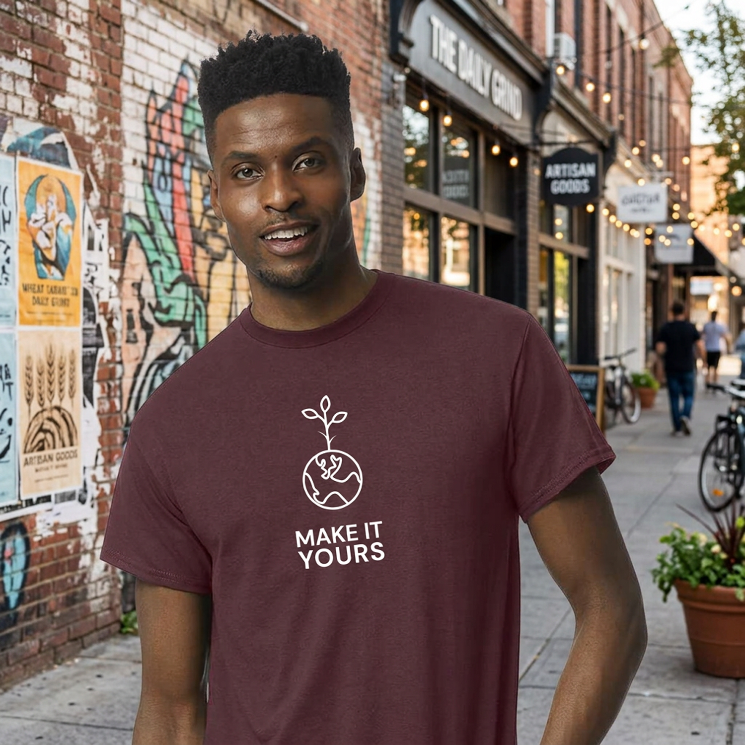 man wearing branded t-shirt in an urban setting