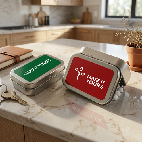 two branded mint tins resting on kitchen counter 