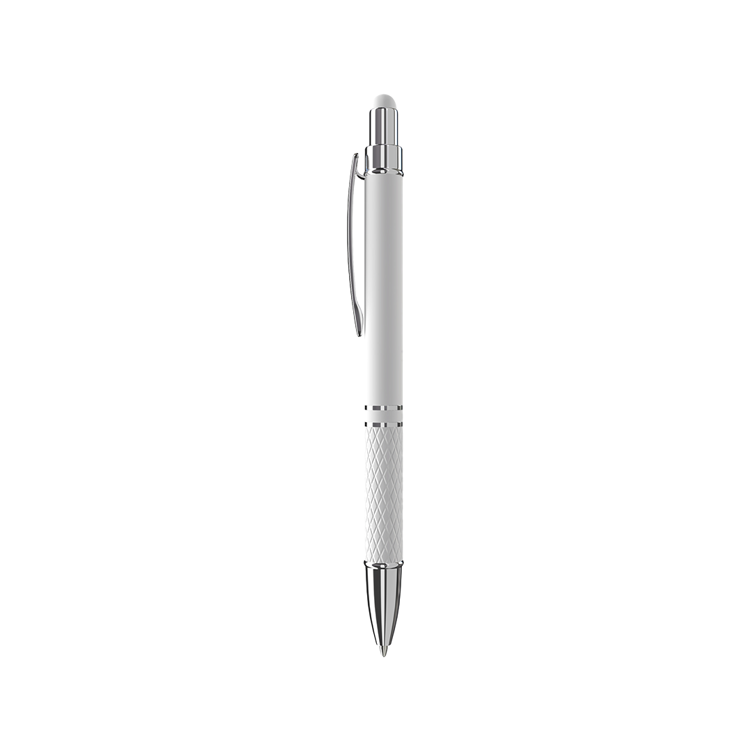 white ballpoint pen with stylus on opposite end